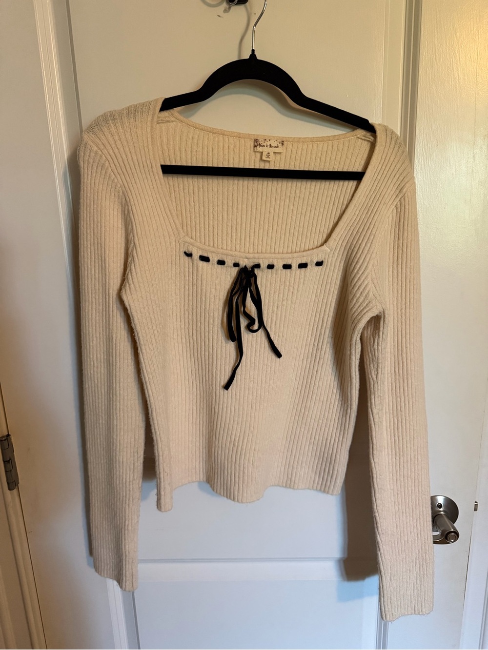 Hem & Thread Cream Ribbed Scoop Neck Sweater with Black Tie